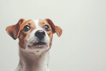 Cute Jack Russell Terrier dog with curious expression on a light background with copy space.