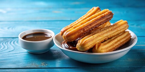 Delicious churro drizzled with rich chocolate sauce on blue background, perfect for a sweet treat or dessert concept