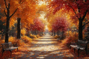 Wall Mural - enchanting maple treelined avenue in autumn fallen leaves carpeting the ground dappled sunlight park benches vibrant oranges and reds