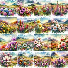 Poster - watercolor flowers and mountains drawing style floral background. AI generated illustration