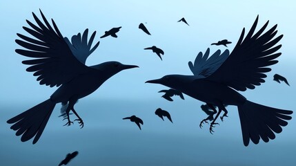 Silhouettes of birds in flight creating a dynamic and artistic scene against a serene background, perfect for nature themes.