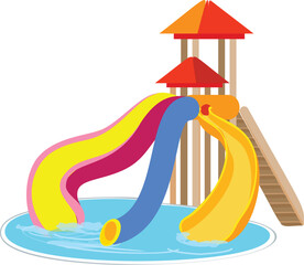 Sticker - Three colorful water slides making big splashes as they empty into a swimming pool