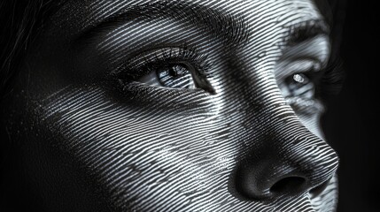 Poster - A woman's face is highlighted by complex light patterns that emphasize her features, creating a striking visual effect in an artistic setting