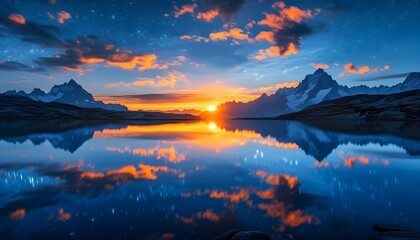 Majestic mountains and vibrant stars mirrored in a tranquil lake under a stunning night sky and glowing sunset in serene blue and orange twilight