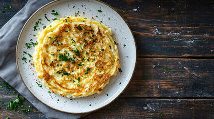 Wall Mural - Fluffy omelette served on a plate and seasoned with fresh parsley on rustic wooden table