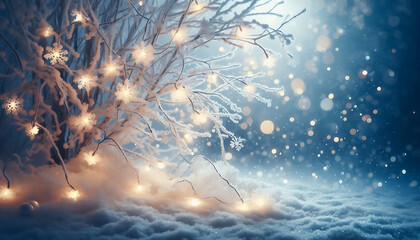 Wall Mural - A winter scene featuring frosted tree branches adorned with glowing string lights. Soft falling snowflakes fill the air while a blurred cool toned background creates a dreamy ethereal atmosphere