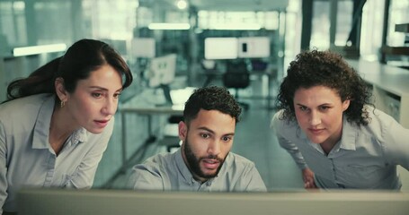 Poster - business people, teamwork or computer with planning, conversation or robotics engineering with idea.