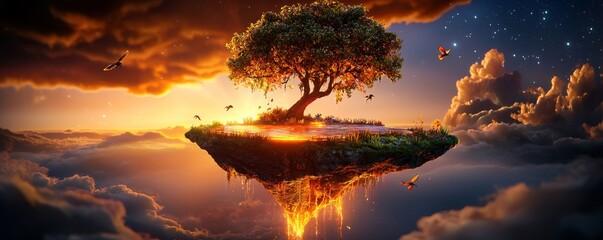 captivating, surreal landscape with floating islands, glowing plants, and otherworldly creatures, ph