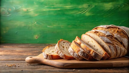 Wall Mural - Sliced rustic bread displayed on a vibrant green background