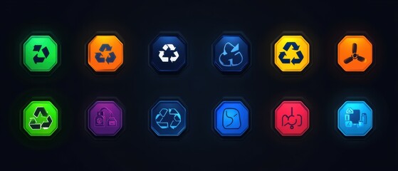 Wall Mural - recycle icon set on dark background.