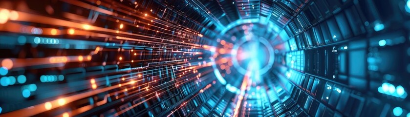 Poster - Vivid abstract illustration showcasing dynamic light trails in a high-tech environment, ideal for futuristic themes.