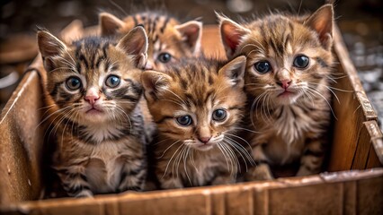 Sticker - cute little frozen kittens abandoned in a box and left on a wet road