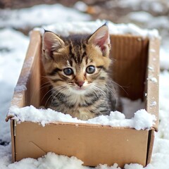 Sticker - a kitten sitting alone in a box covered with fallen snow