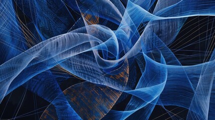 Poster - Abstract blue wave art creating a sense of motion and depth with intricate lines against a dark background.