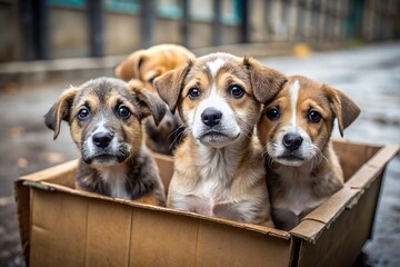 Cute little puppies left in a box on a wet road after the rain