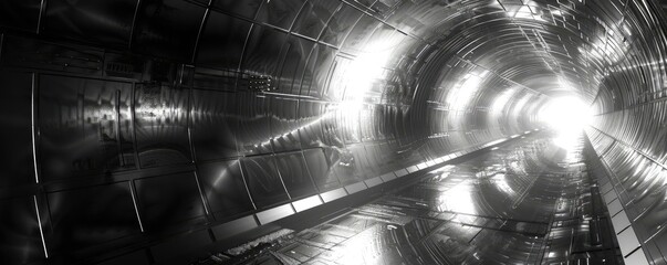 Poster - A dramatic black and white image of a tunnel illuminated by bright light at the end, showcasing reflective metallic surfaces.