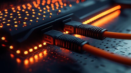 A close-up view of network cables plugged into a server, illuminated by glowing lights.