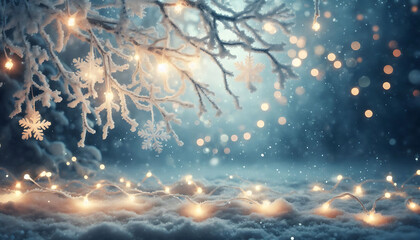 Wall Mural - A winter scene featuring frosted tree branches adorned with glowing string lights. Soft falling snowflakes fill the air while a blurred cool toned background creates a dreamy ethereal atmosphere