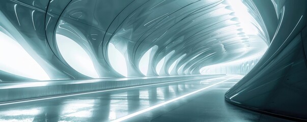Poster - Futuristic interior of a sleek, abstract tunnel illuminated with bright lights, showcasing modern architecture and design aesthetics.