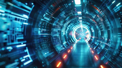 Poster - Futuristic tunnel with glowing lights and digital elements, creating a mesmerizing sci-fi atmosphere.