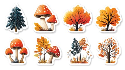 Wall Mural - Cute stickers of autumn mushrooms, trees, and pine in a charming forest set.