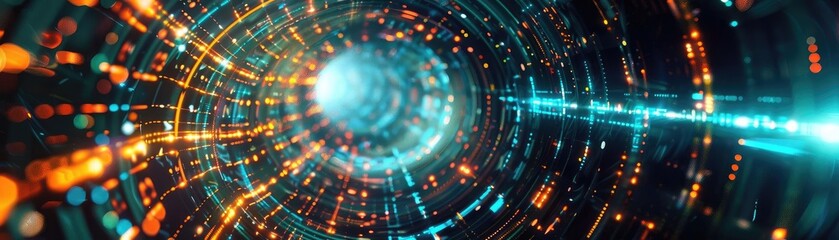 Poster - Dynamic abstract tunnel with glowing lights and vibrant colors, conveying a sense of motion and energy in a digital world.