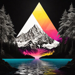 geometric wall art made up of triangles, neon colors on a black and white scene, with vibrant blues, greens, pinks and yellows highlighting the silhouettes of mountain peaks, pine trees and a waterfal