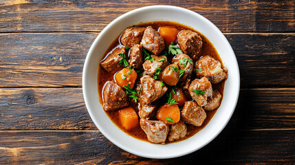 Canvas Print - Delicious beef stew with carrots and herbs in white bowl, served on a rustic wooden table