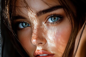 Girlâ€™s face, artistic lighting, dramatic effect highlights her features in a creative and unique way