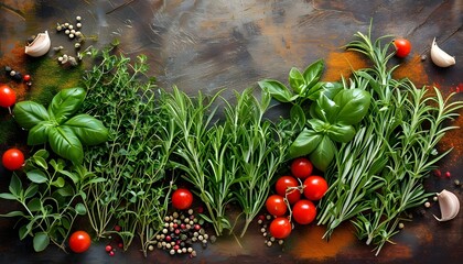 Wall Mural - Aromatic fresh herbs and vibrant spices on a weathered rustic surface