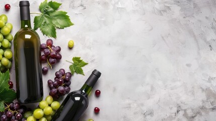 Fresh grape, grape wine bottle over texture background