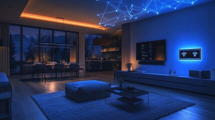 Futuristic smart home interior with glowing network connections and modern minimalistic design