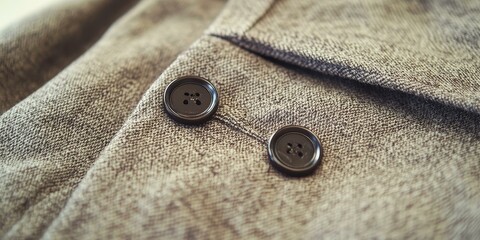 Wall Mural - Two black buttons on a brown fabric.