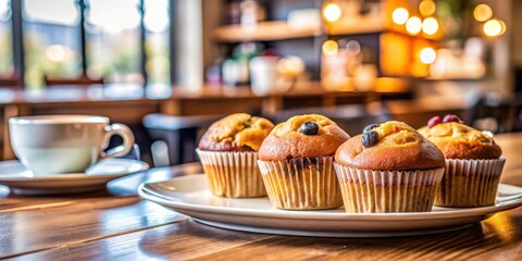 Close up of freshly baked muffins on a plate in a modern cafe setting