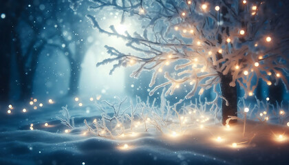 Wall Mural - A winter scene featuring frosted tree branches adorned with glowing string lights. Soft falling snowflakes fill the air while a blurred cool toned background creates a dreamy ethereal atmosphere