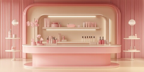 Wall Mural - Pink minimalist beauty store display with shelves and products.