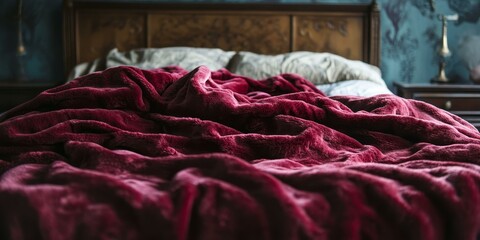 Canvas Print - A red plush blanket on a bed.