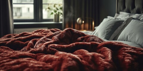 Poster - Soft red blanket on a bed with pillows.