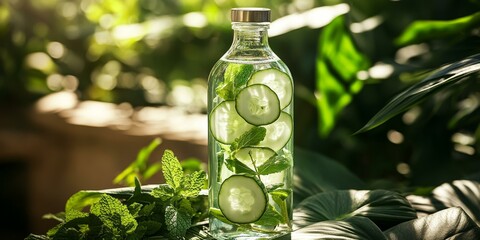 Sticker - Cucumber and mint infused water in a glass bottle.