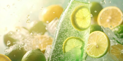 Wall Mural - Lemons and limes in a refreshing drink with ice.