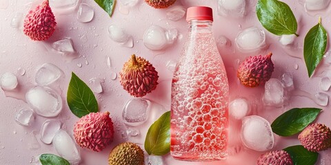 Wall Mural - Pink drink with lychees, ice, and leaves.