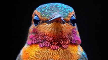 Wall Mural - iridescent hummingbird in extreme closeup showcasing intricate feather details against a dark blurred background