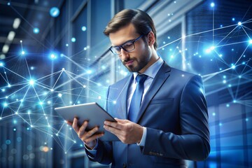 Businessman using digital tablet with network technology background