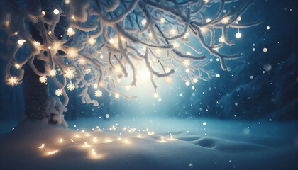 Wall Mural - A winter scene featuring frosted tree branches adorned with glowing string lights. Soft falling snowflakes fill the air while a blurred cool toned background creates a dreamy ethereal atmosphere