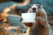 © SuriyaPhoto - Hyber realistic photo of  Groundhog Day, groundhog holding a mock up card, groundhog holding a blank white card   , copy space for text,