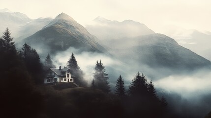 A tranquil cabin shrouded in mist with majestic mountains rising in the background