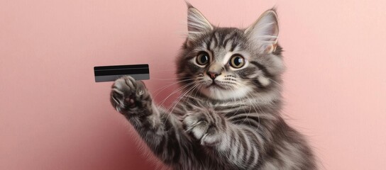 Hyber realistic photo of  A gray cat holds a credit card in its paw.  , copy space for text,