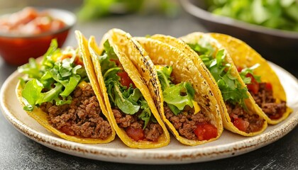 Close-up of Four Crispy Tacos Filled with Ground Beef, Lettuce, and Tomato