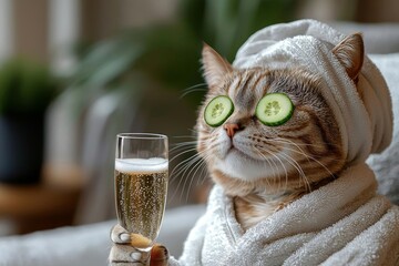 Wall Mural - Hyber realistic photo of  Cat relaxing in spa with cucumber slices on eyes holding a glass of champagne