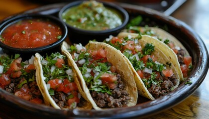 Close-up of Soft Tacos with Ground Meat, Tomatoes, Cilantro, and Onion